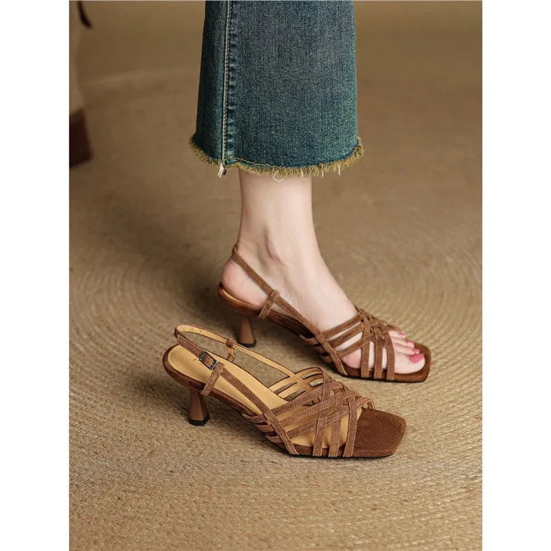 Retro soft leather thin cross straps high heel sandals with square toe and ankle buckle in beige, black, and light brown