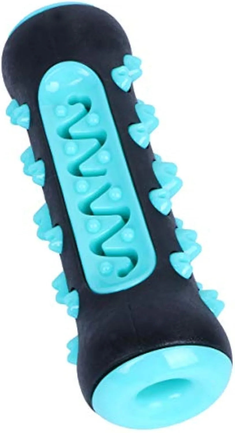 Natural rubber dog dental chew toy in blue, green, yellow, or black blue, showing textured cleaning surfaces.