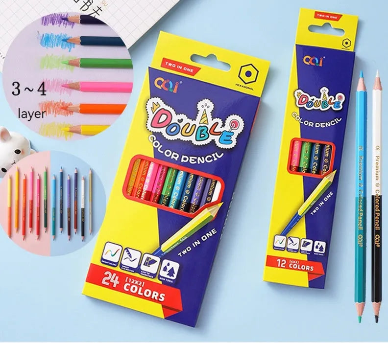 Set of double-headed wooden coloured pencils showing two pack size options: 6 pieces and 12 pieces.