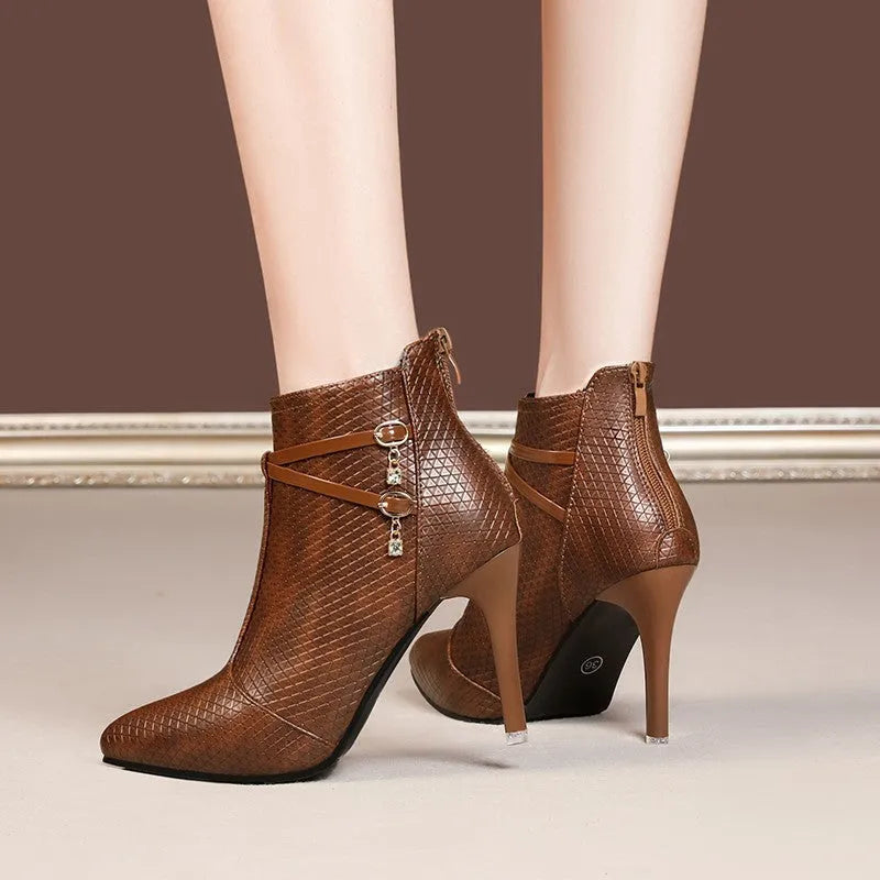 Women's stiletto ankle boots in black or brown artificial PU with pointed toe, above 8cm heel and cotton lining