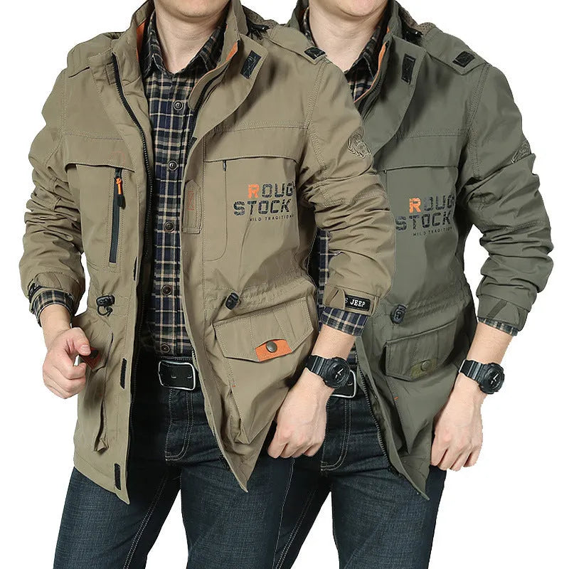 Men's spring casual waterproof breathable long hooded stand collar nylon jacket in khaki colour