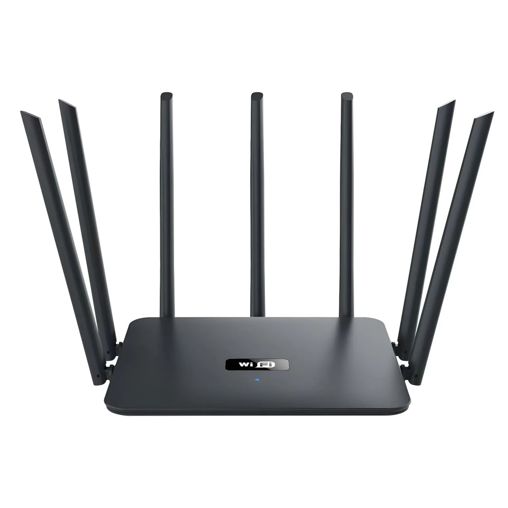 Black and white dual-frequency 5G Gigabit home WiFi router with multiple antennae for through-wall coverage.