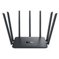 Black and white dual-frequency 5G Gigabit home WiFi router with multiple antennae for through-wall coverage.