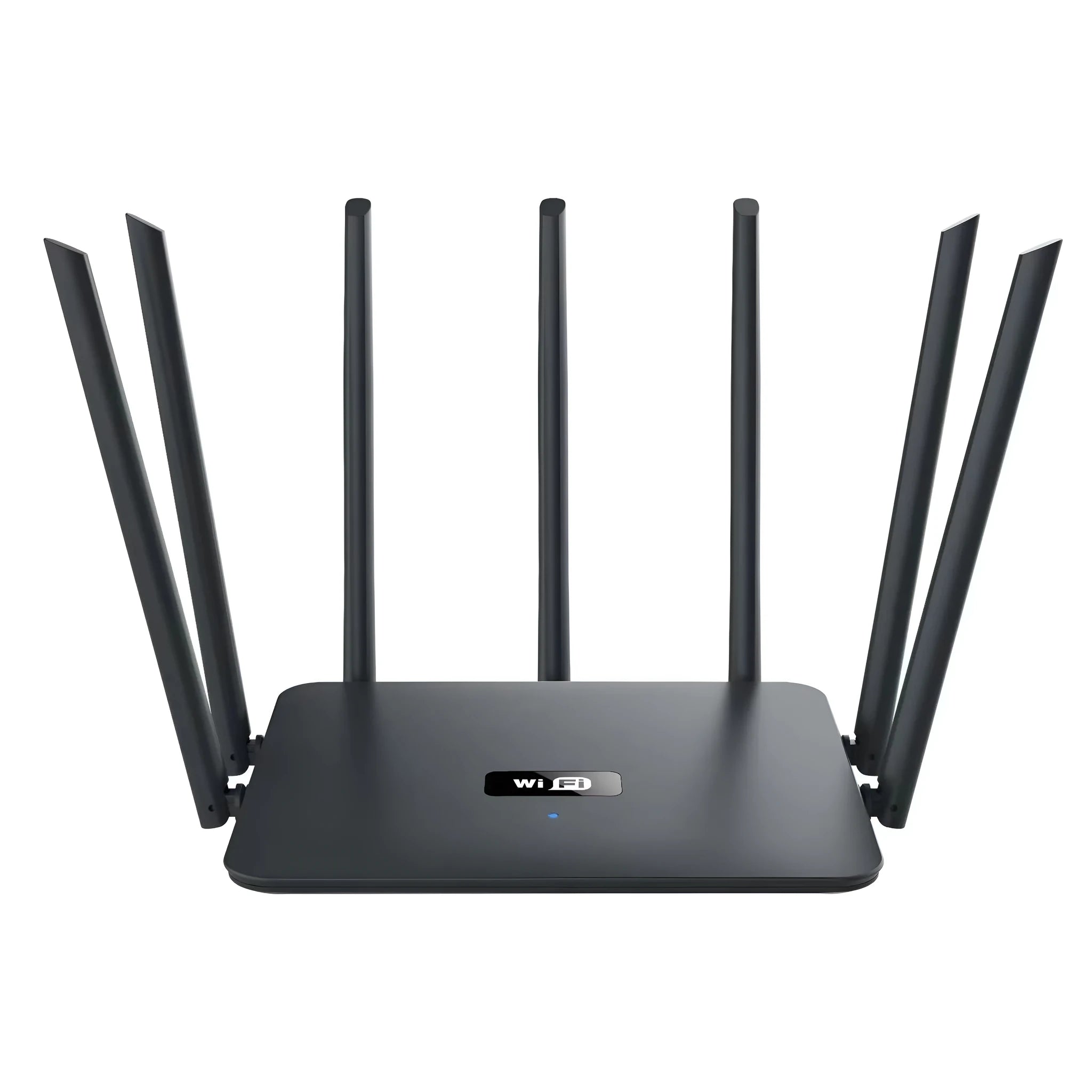 Black and white dual-frequency 5G Gigabit home WiFi router with multiple antennae for through-wall coverage.