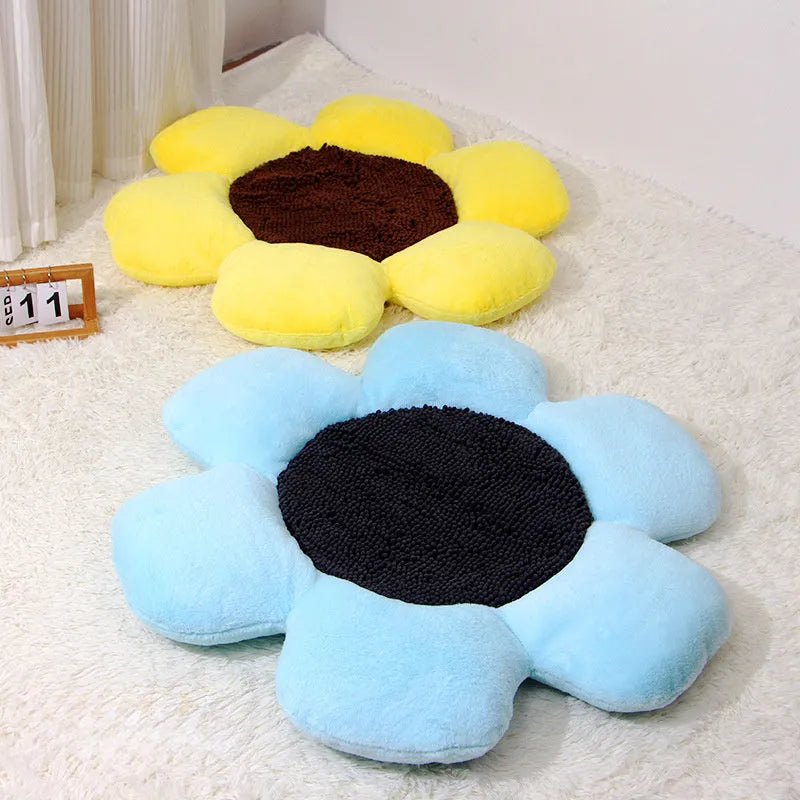 Large round plush cat bed with raised sides in blue or yellow colour