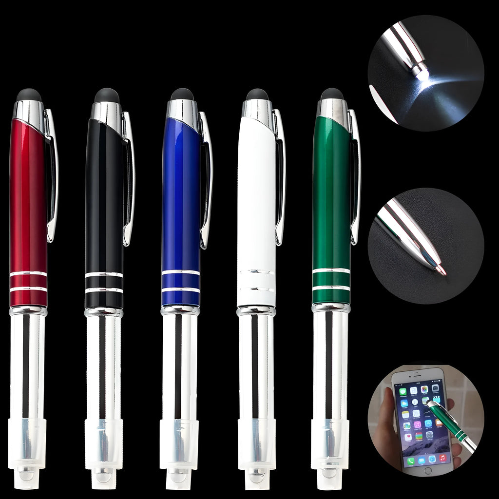 Red metal capacitive stylus and ballpoint pen with a built-in LED light on a desk next to a tablet.