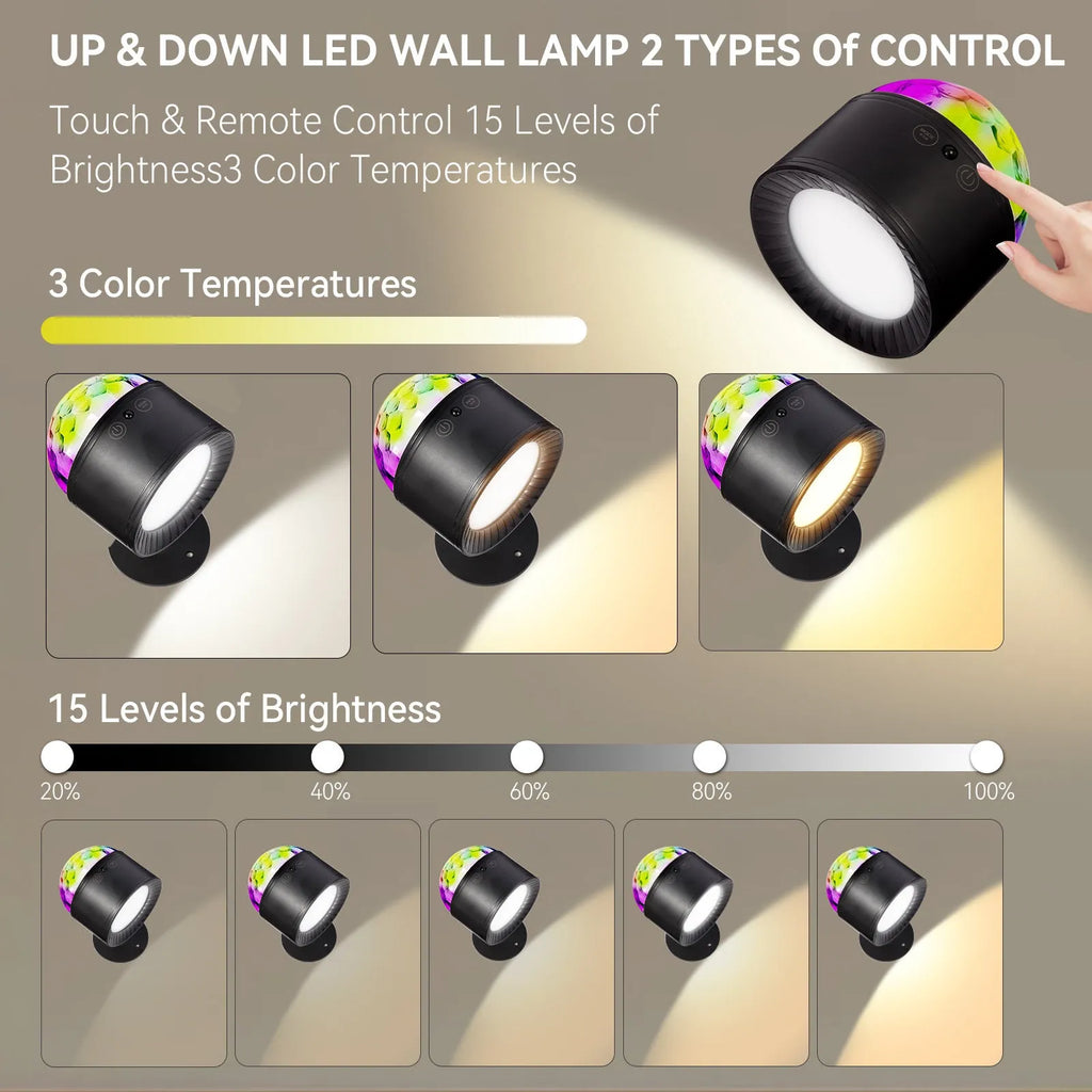 Black rechargeable magnetic suction LED wall lamp with remote control on wall, three colour temperature settings