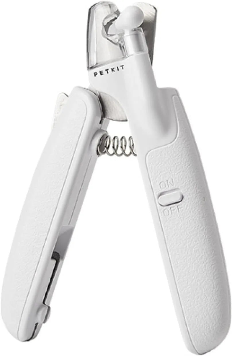 White LED pet nail clipper with transparent splash guard and triangular blade for cats and dogs