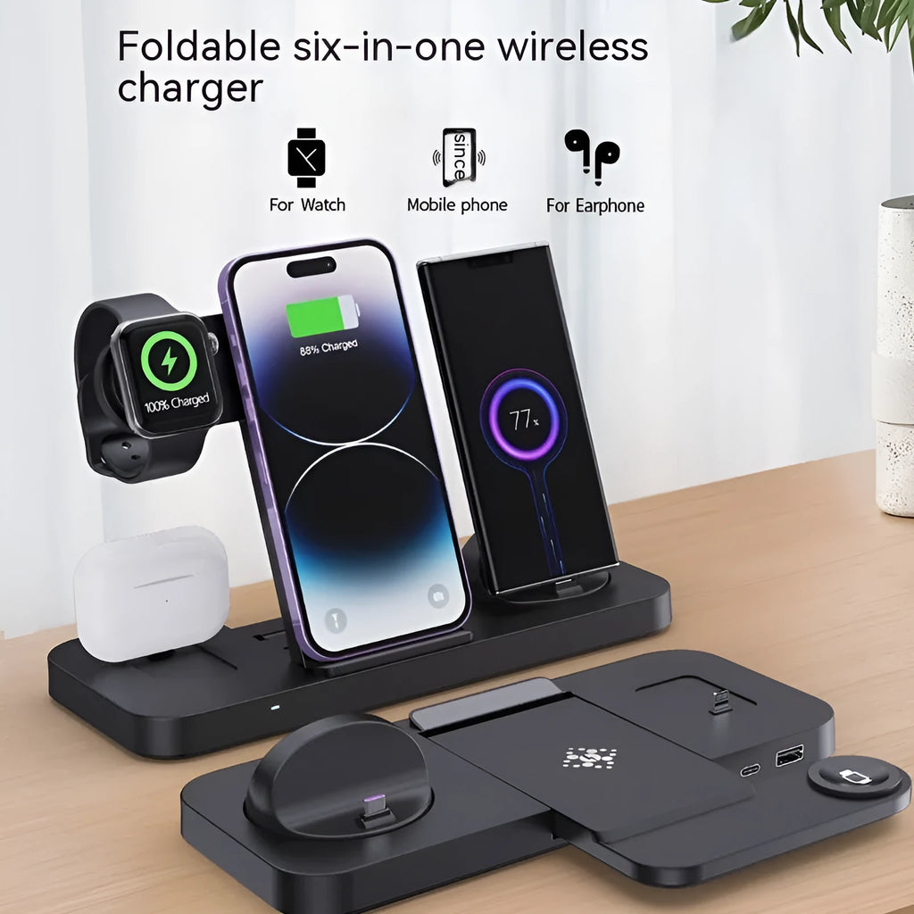 Multifunctional six-in-one foldable wireless charger in black with multiple charging pads for phone, earphone and watch