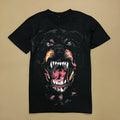 3D printed big evil dog head graphic on black combed cotton short-sleeved T-shirt, front view