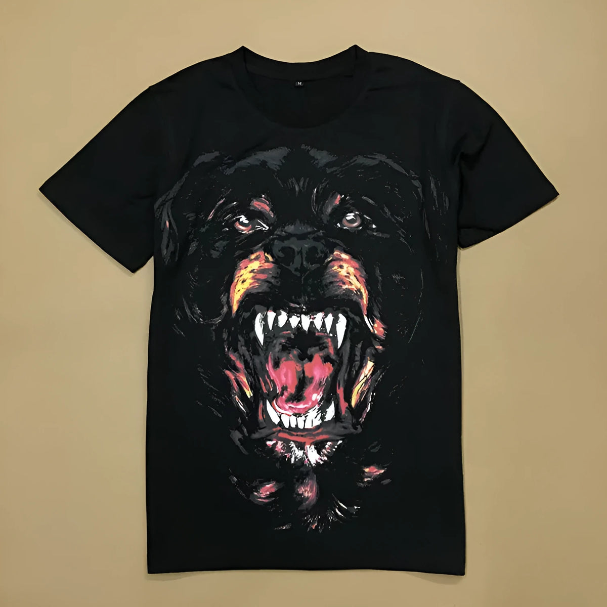 3D printed big evil dog head graphic on black combed cotton short-sleeved T-shirt, front view