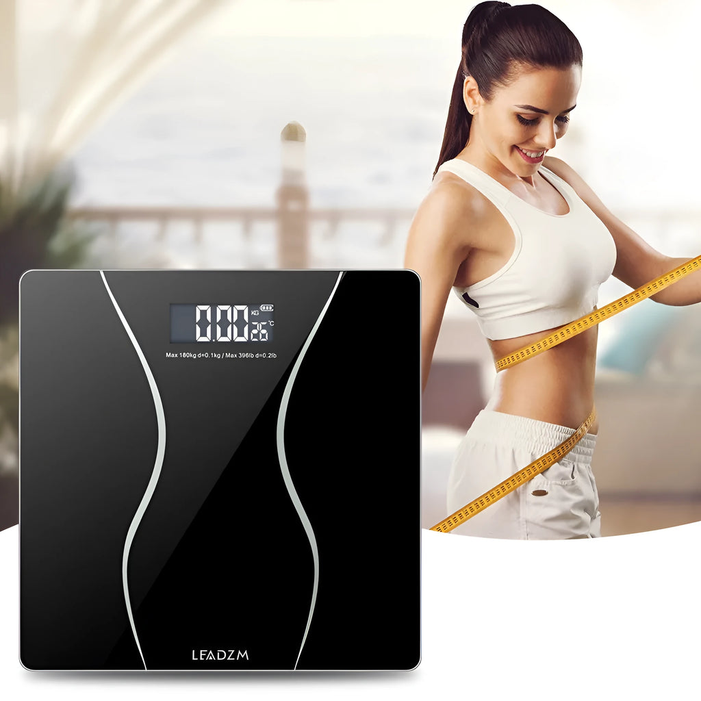 Black electronic household body scale with 180kg capacity for weight measurement
