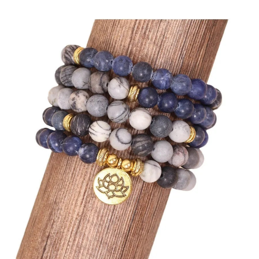 Blue patterned network stone bead multi layer bracelet with adjustable alloy clasp