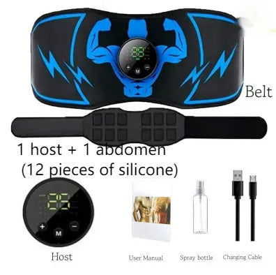 Blue EMS fitness slimming belt with abdominal stickers and wireless remote control unit