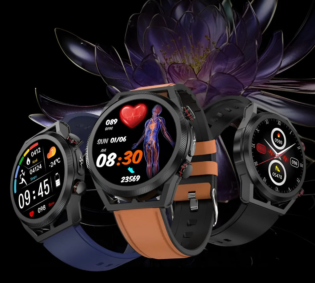 Non-invasive blood sugar smart watch with 1.39 inch IPS screen and metal alloy shell on a black background