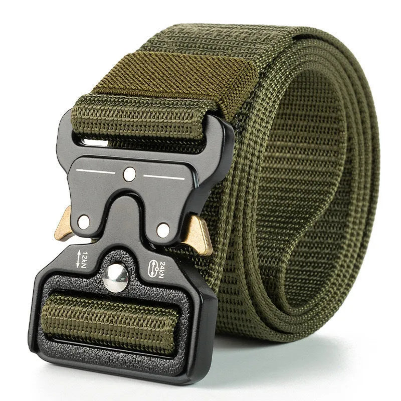 Men's thick canvas tactical belt with alloy quick-release buckle in army green colour