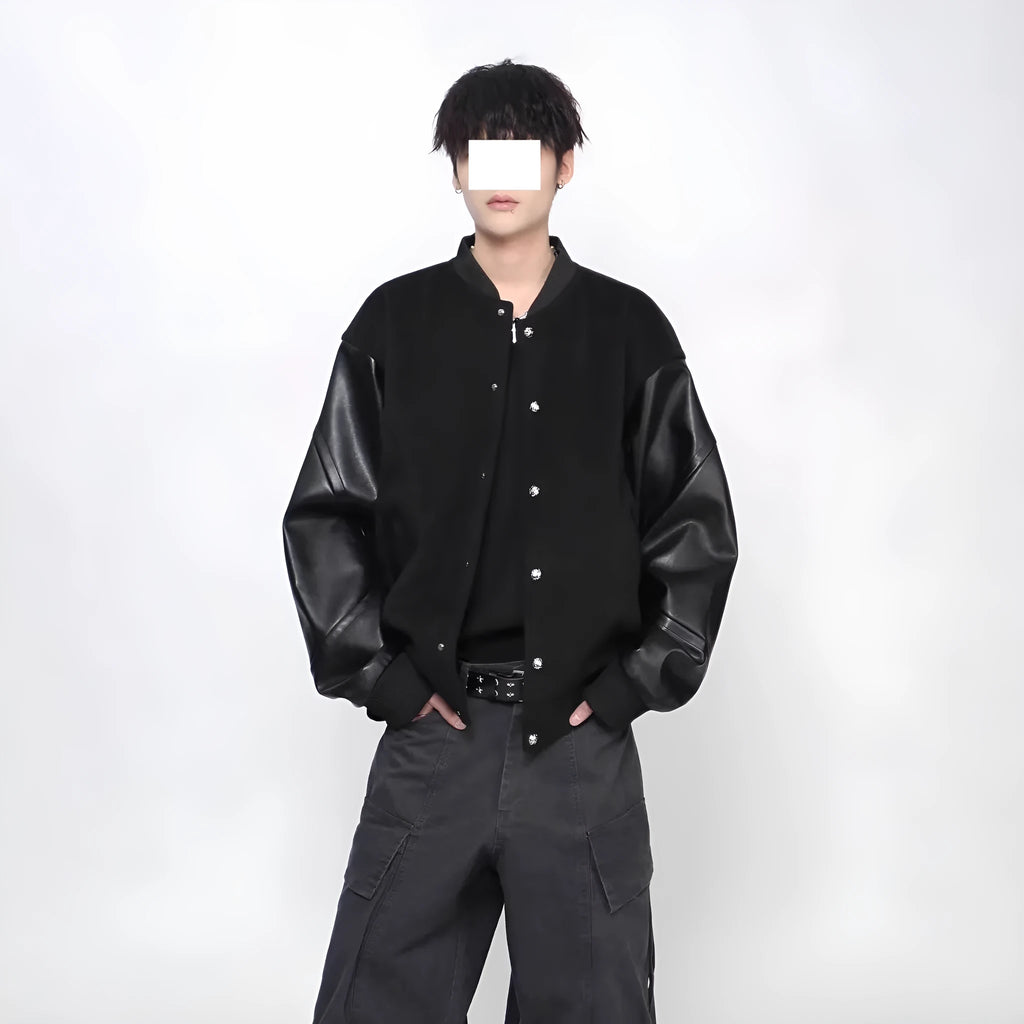 Black loose faux leather coat with longfengni patchwork, polyester lining and side seam pockets