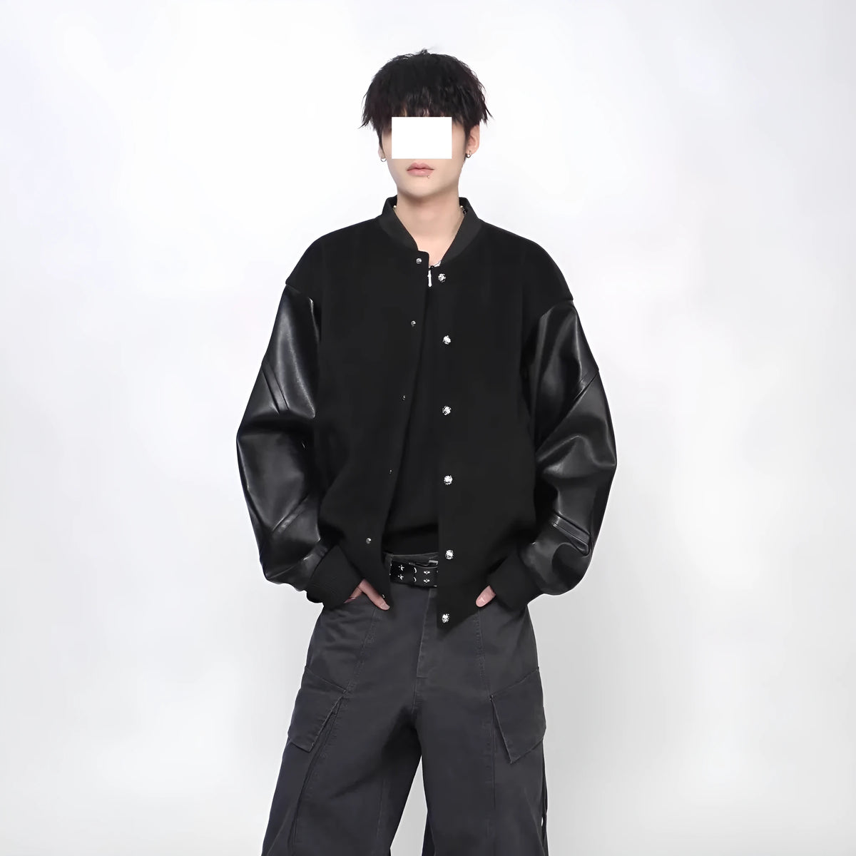 Black loose faux leather coat with longfengni patchwork, polyester lining and side seam pockets