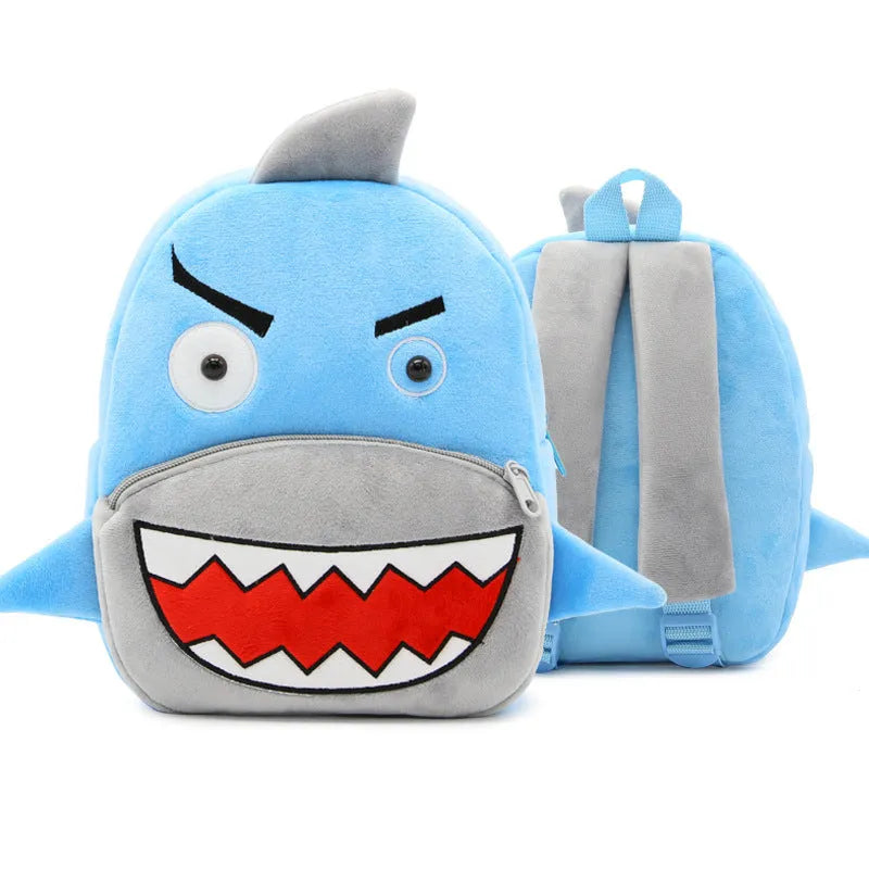 Children's plush animal backpack with elephant design showing dimensions and zipper opening
