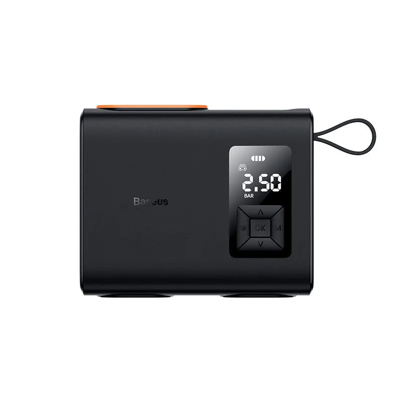 Black portable car tyre inflator with LED light display showing 6000mAh battery capacity