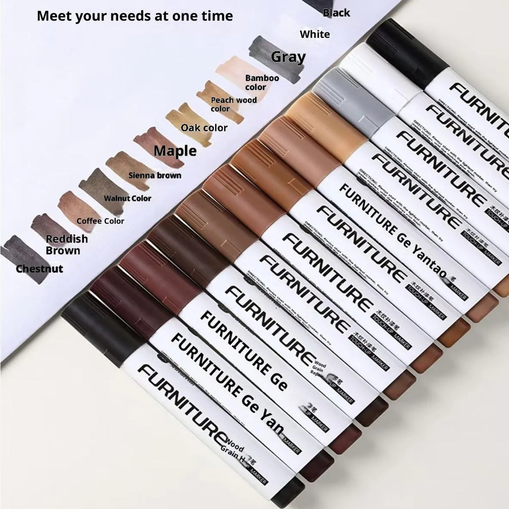 5ml wood grain paint fixer pen for floor scratch repair, shown with twelve colour options including oak and walnut