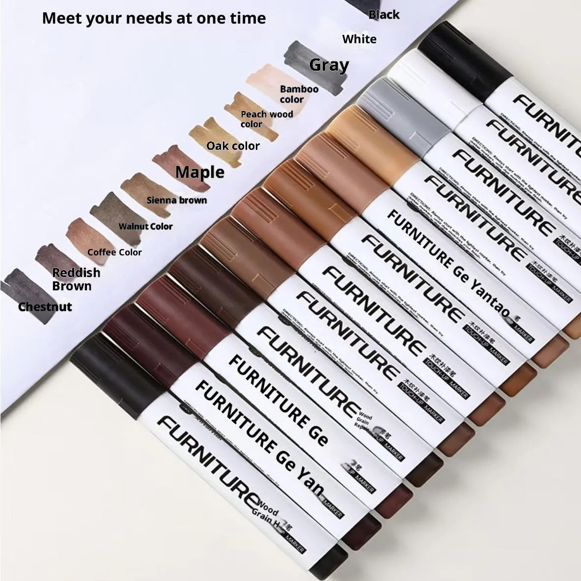 5ml wood grain paint fixer pen for floor scratch repair, shown with twelve colour options including oak and walnut