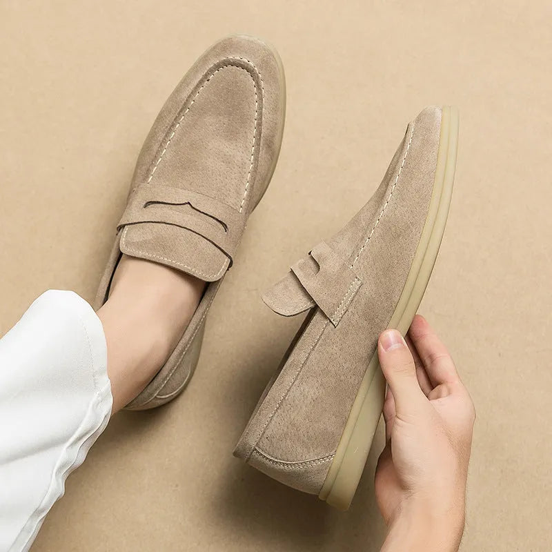 Men's beige, black, and khaki leather slip-on shoes with round toe and rubber sole