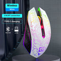 Black and white wireless gaming mouse with RGB lighting, shown with charging cable