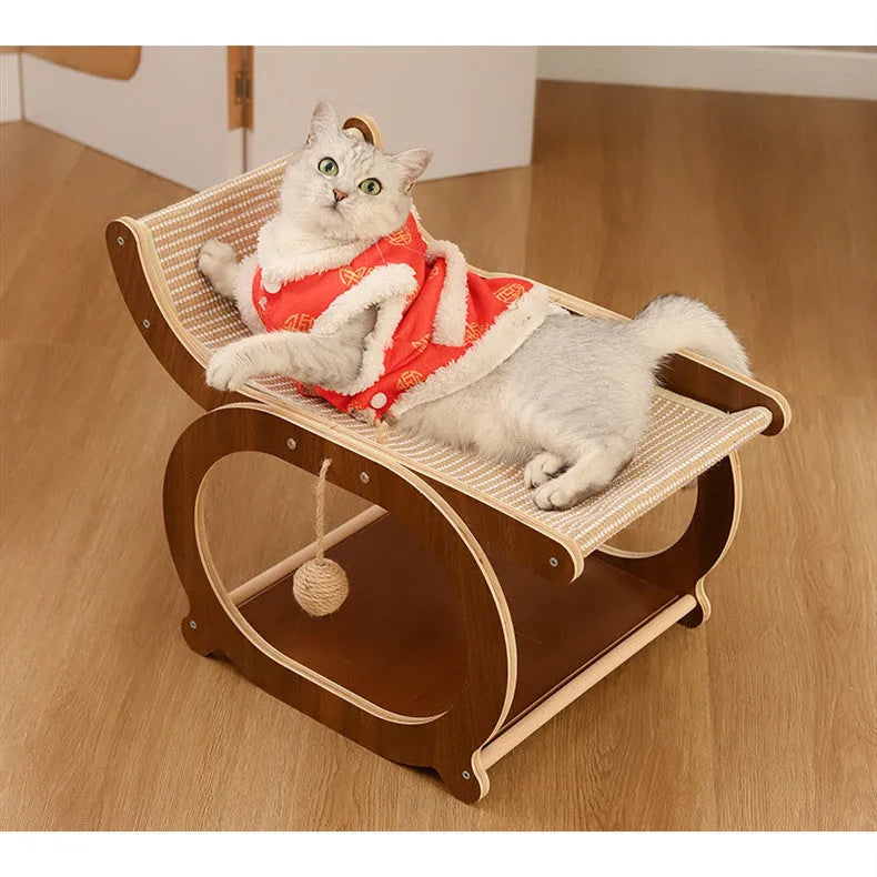 Solid wood recliner-style cat scratcher and bed with sisal surface in walnut colour.