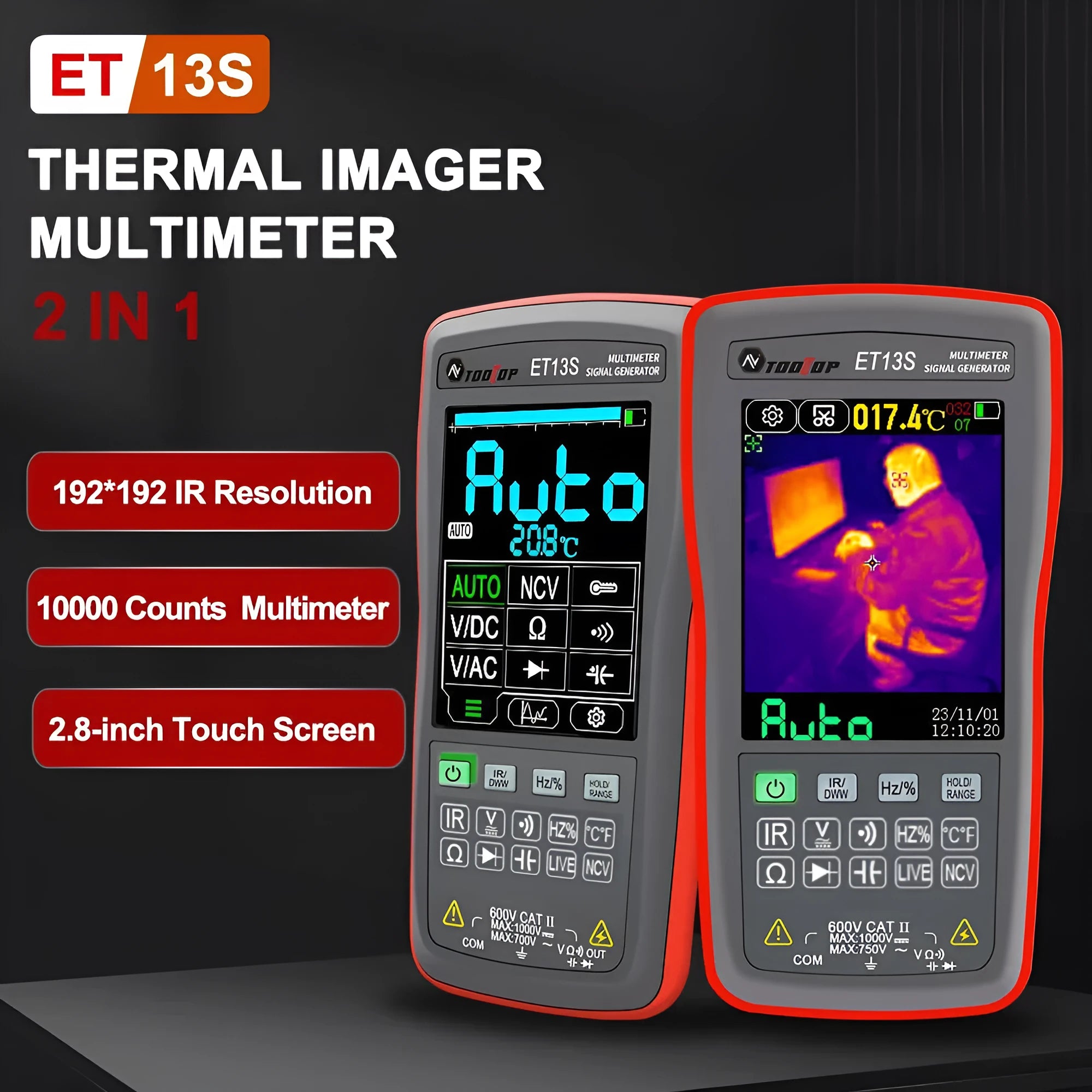 192×192 resolution thermal imaging multimeter with digital display showing thermal image and measurement readings