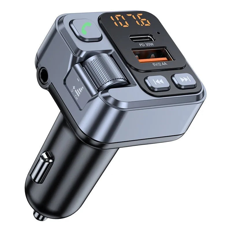 Car MP3 player and Bluetooth receiver with USB-C fast charging plugged into vehicle 12V socket
