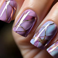 Purple striped nail stickers medium length European style with jelly glue adhesive