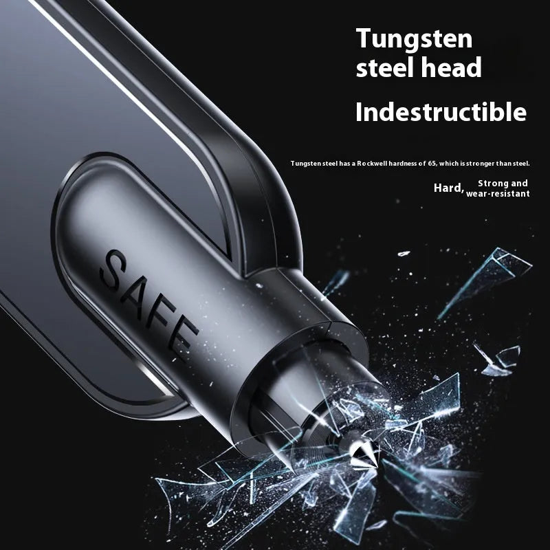 Two-in-one emergency safety hammer in A3 Black, with ABS aluminium alloy construction, window breaker point and seatbelt cutter