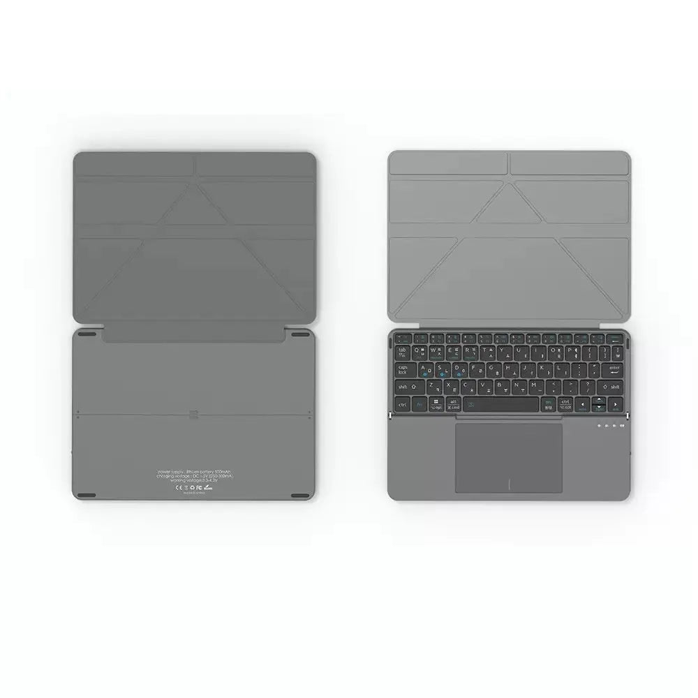 Grey aluminium Bluetooth folding keyboard for smartphones and tablets in compact folded position