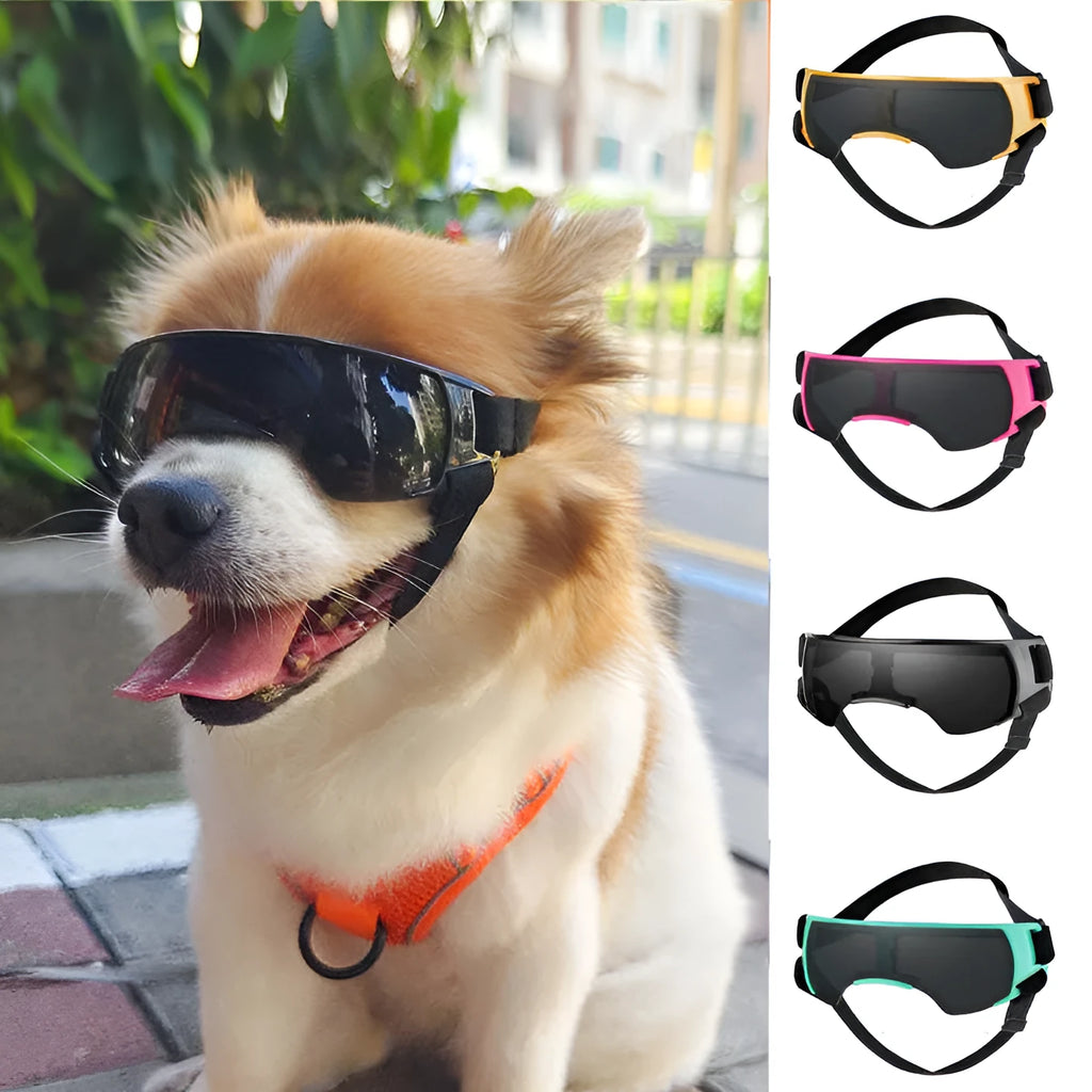 Dog UV-proof goggles with polycarbonate lenses and adjustable nylon ribbon strap in black colour