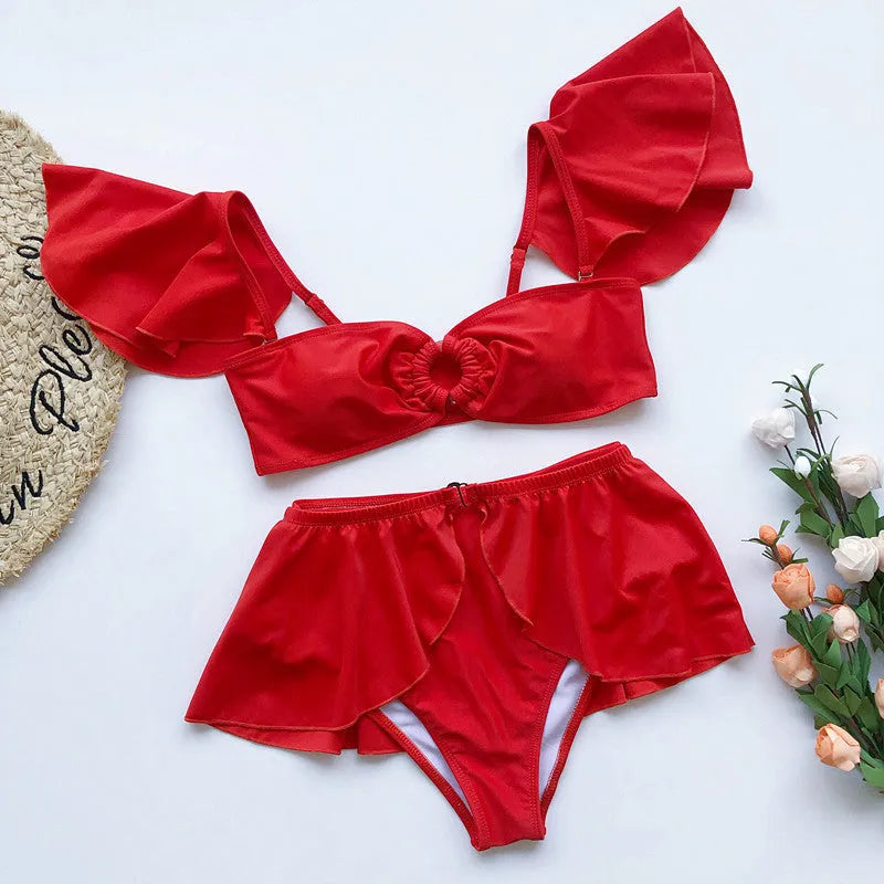 Women's three-piece flounced bikini swimsuit in nylon with spandex lining