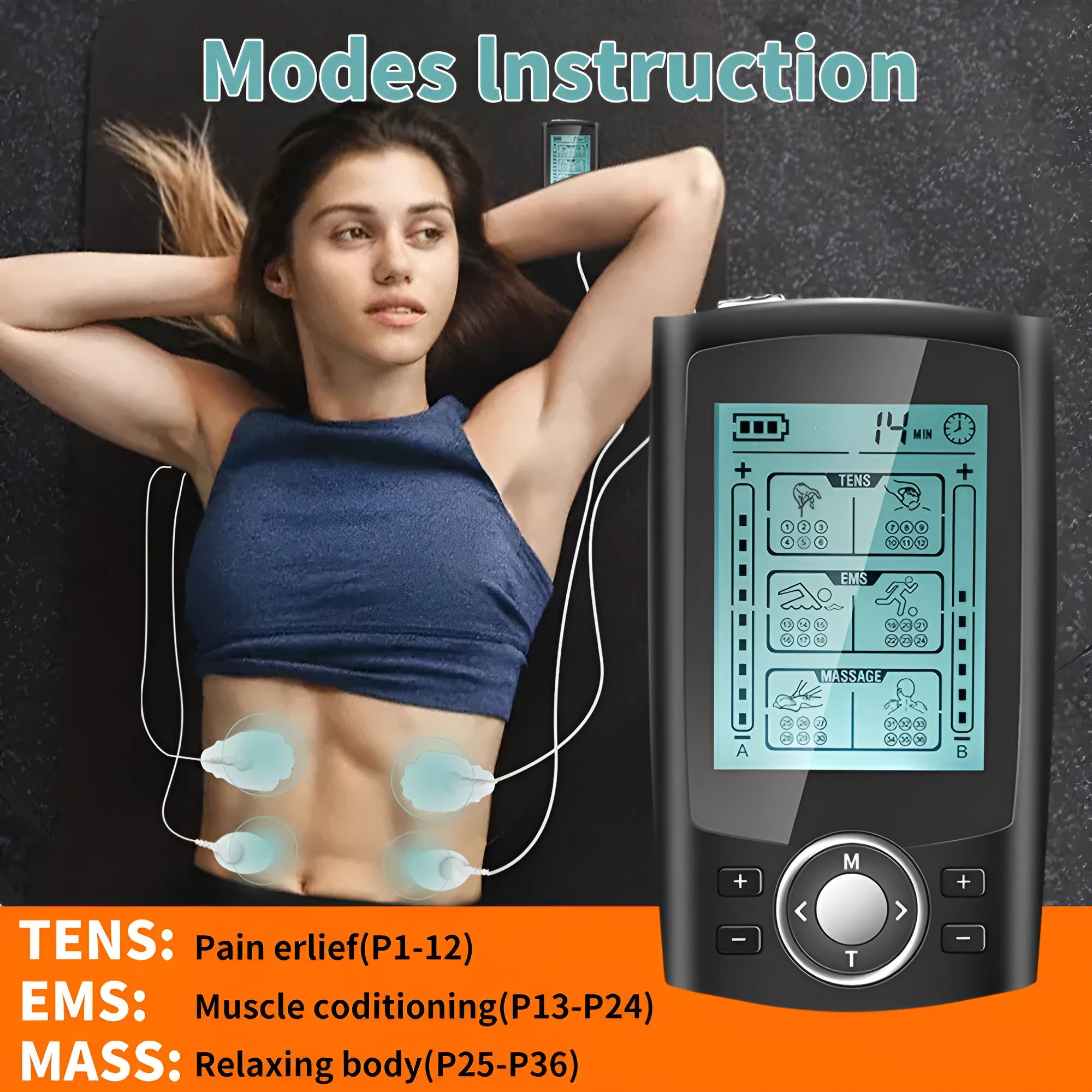 Charging pulse physiotherapy massager with handheld remote control USB rechargeable TENS EMS muscle stimulator