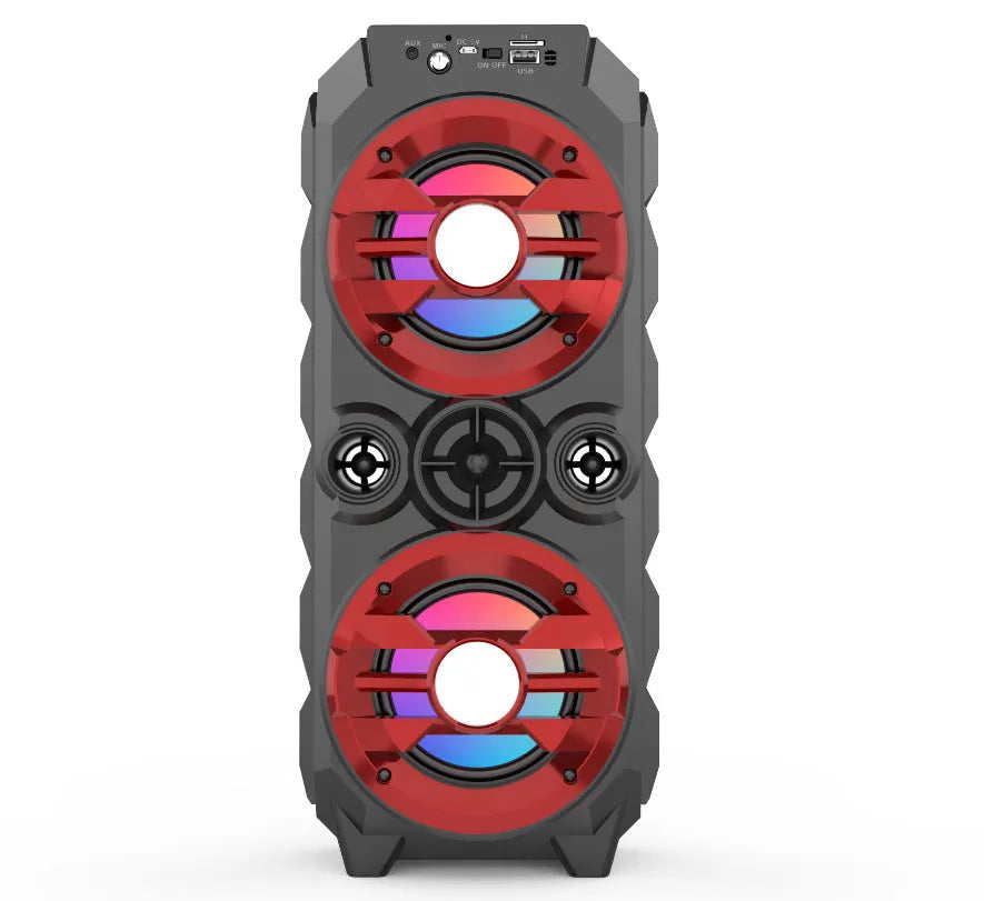 Portable Bluetooth audio speaker with colour lights and pull rod handle in blue, red, or silver grey