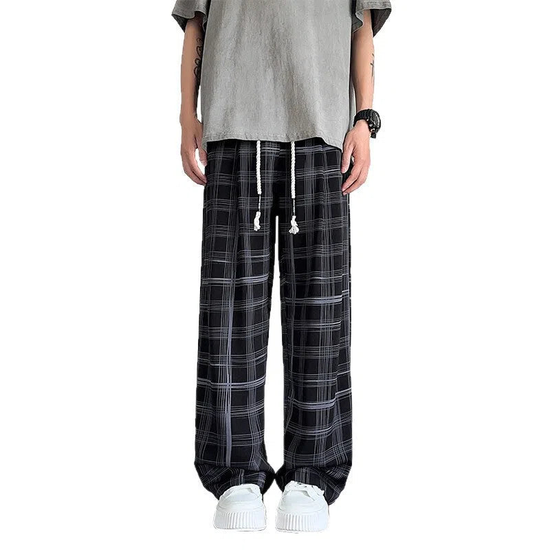 Men's plaid ice silk summer trousers, thin straight leg, grey or black, sizes M to XXL