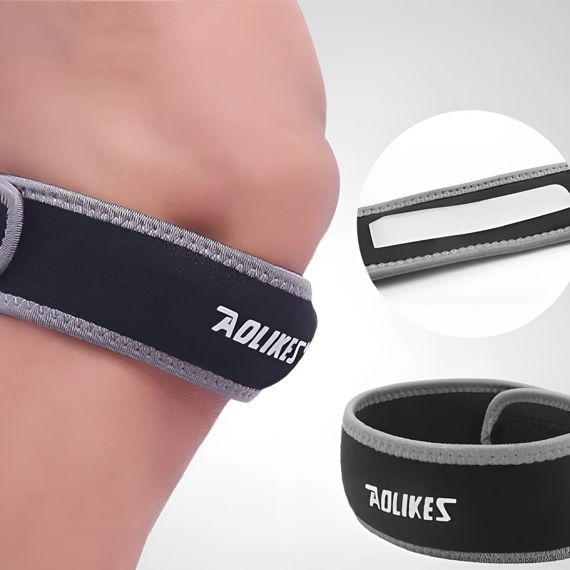 Black and grey patella retinaculum knee support for running and sports protection.