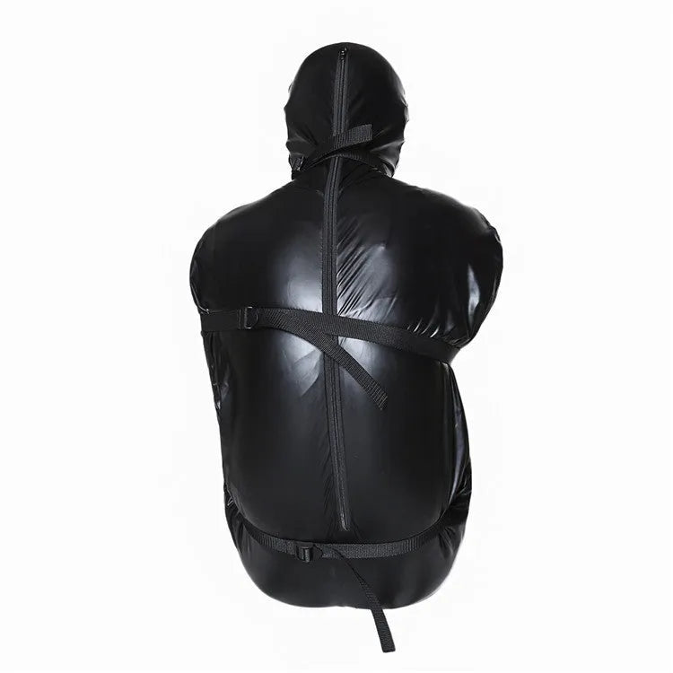 Black patent leather L size BDSM restraint kit with six ratchet straps and face piece
