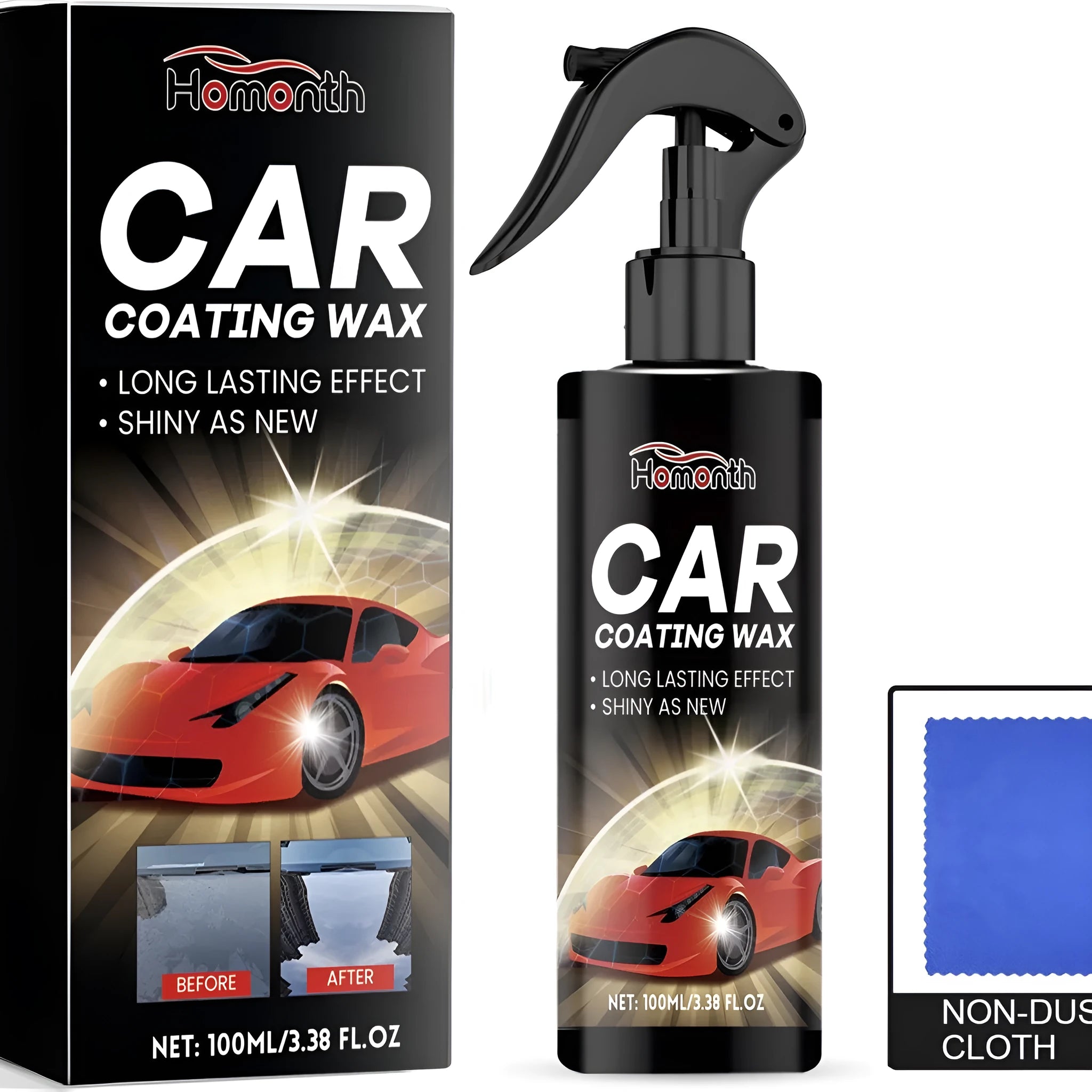 Car coating wax kit with PET bottle and square microfibre cloth for paint protection.