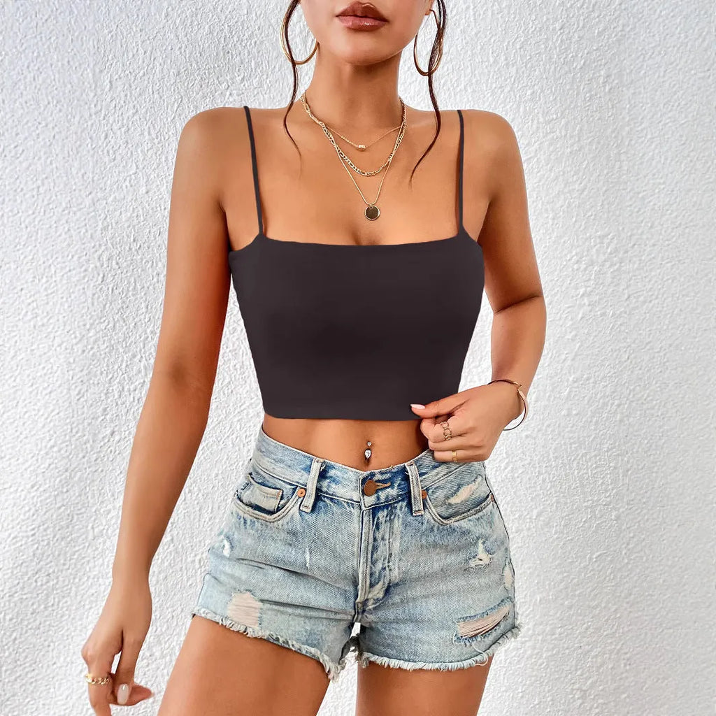 Women's polyester crop top camisole in white solid colour slim fit street style