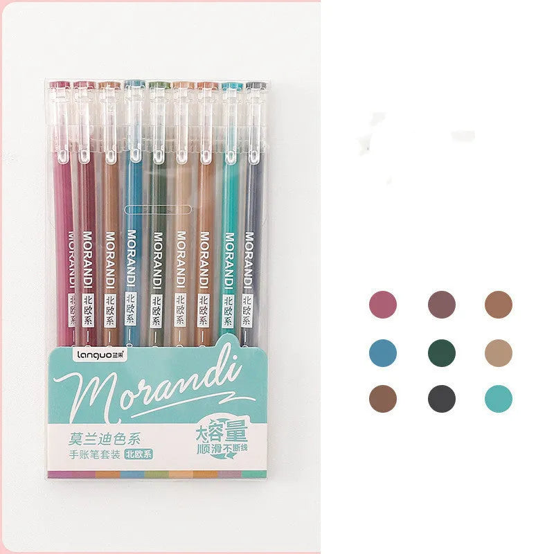 Set of nine retro-style gel pens with 0.5mm needle tips in plastic bodies arranged by colour series