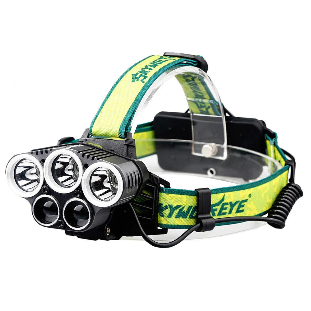 USB rechargeable outdoor headlight with 5 LED bulbs showing aluminium alloy construction and head strap