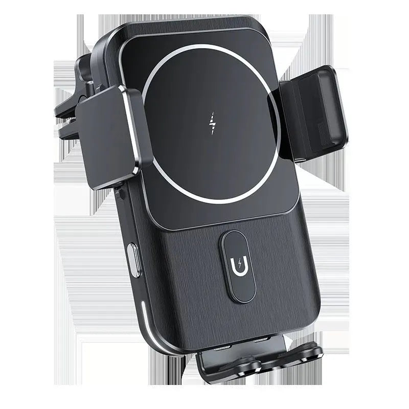 Black car wireless charger phone holder with 15W charging mounted on dashboard