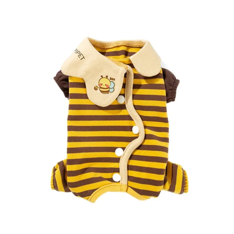 Yellow bee-patterned dog pajamas on small dog, four-legged full coverage suit with lapel collar