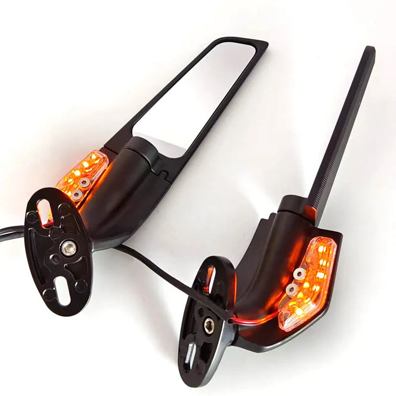 Spoiler-shaped aluminium motorcycle rearview mirror with convex glass lens and yellow running light, model SH-620-5.