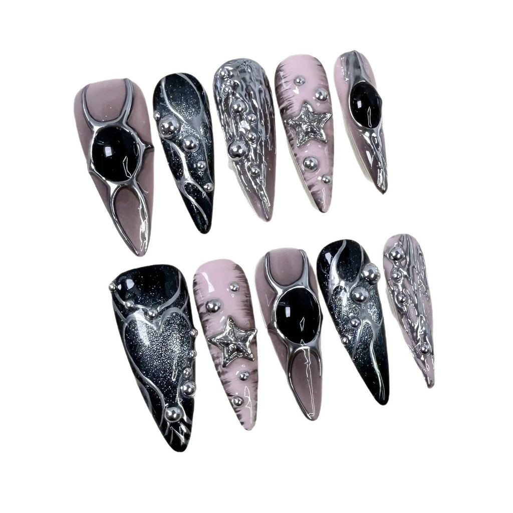 Set of long pointed dyed nails with metal hand-painted relief and cat eye finish in multiple sizes