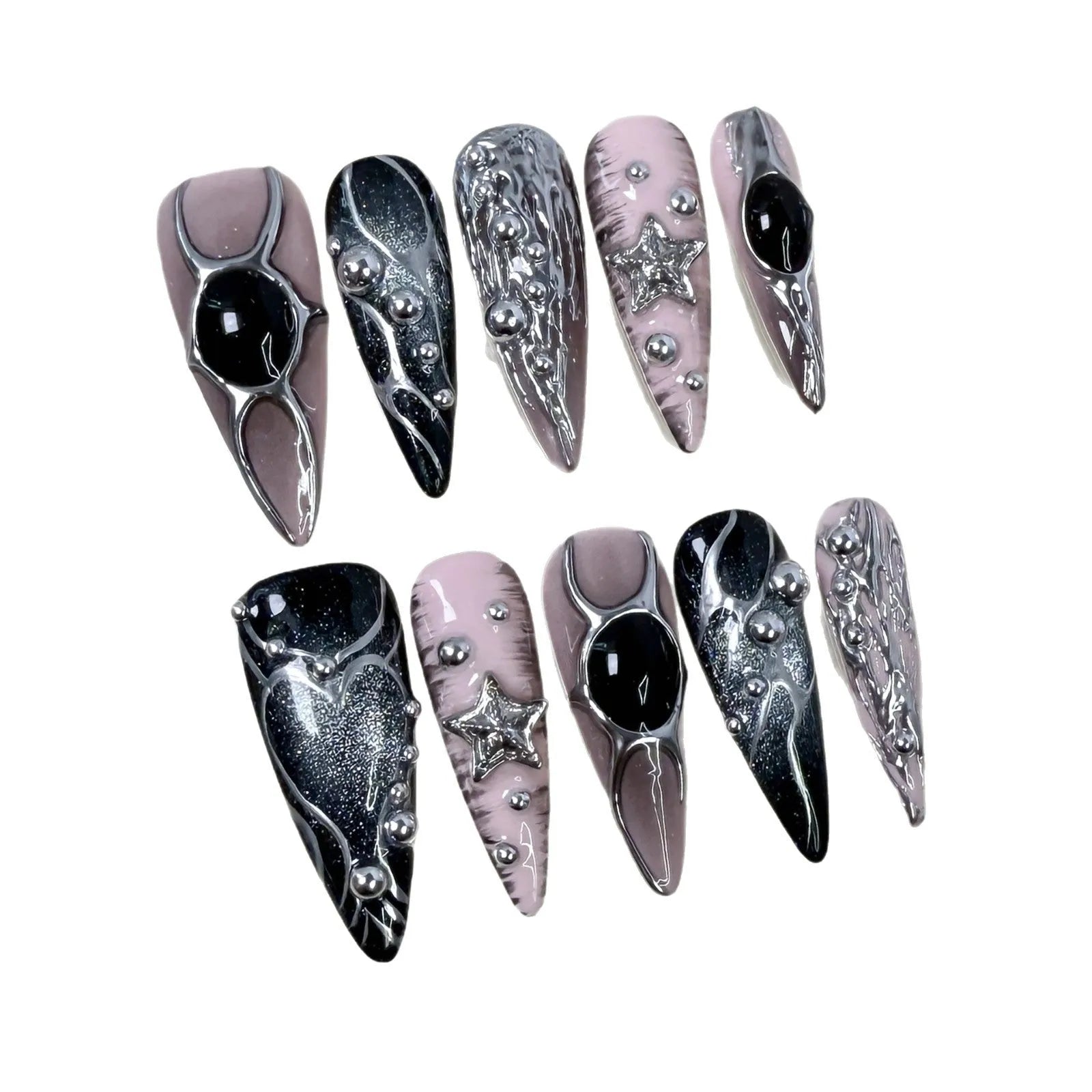Set of long pointed dyed nails with metal hand-painted relief and cat eye finish in multiple sizes